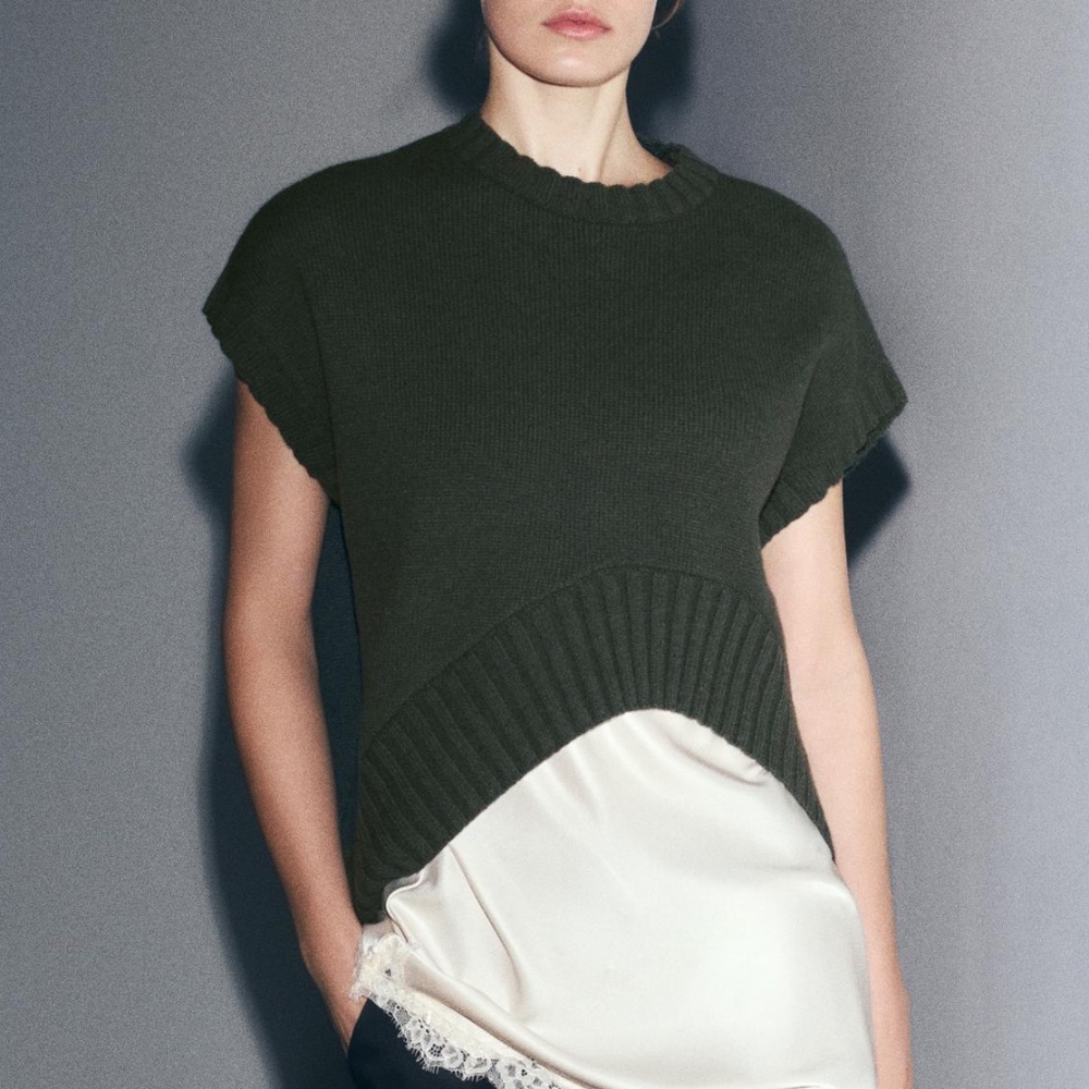 Zara khaki green oversized asymmetric hem wool and cashmere blend vest NWT